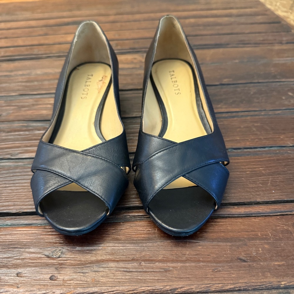 Talbots Womens Black Leather Peep Toe Wedge Pumps Heels Size 8M